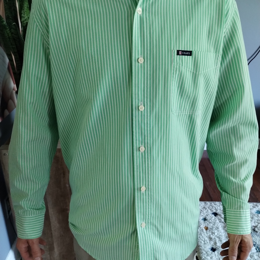 Chaps casual button down collar shirt with green and white stripes, easy care